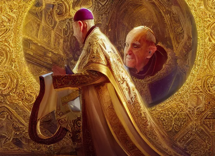 Image similar to kneeling before the pope, royal robe, gold trim, close - up, light effect, hyper detailed, intricate, atmospheric, elegant, photorealistic by paul lehr, marco mazzoni, featured on cgsociety, rococo, whimsical, artstation