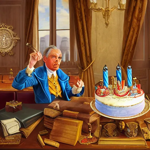 Image similar to lawyer eating a big birthday cake in a courtroom, realistic, regal, refined, detailed digital art, michael cheval, walt disney ( 1 9 3 7 ), francois boucher, oil painting, steampunk, highly detailed, cinematic lighting, unreal engine, 8 k