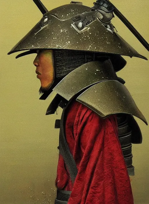 Image similar to a japanese samurai but his armor is greeen, little bit red, damaged and the helmet is almost futuristic, very detailed oil painting, dark and realistic, japanese art art