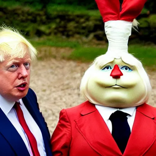 Prompt: Boris Johnson and Donald Trump as short tweedle dee and tweedle dum in an enchanted world Alice in wonderland