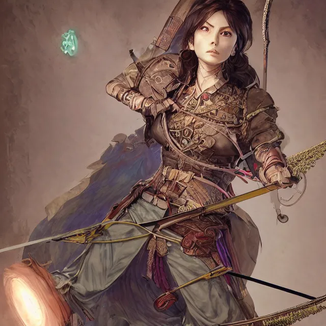 Image similar to the portrait of lawful neutral semi - colorful female archer huntress as absurdly beautiful, gorgeous, elegant, young woman, an ultrafine hyperdetailed illustration by kim jung gi, irakli nadar, intricate linework, bright colors, octopath traveler, final fantasy, unreal engine 5 highly rendered, global illumination, radiant light, detailed and intricate environment