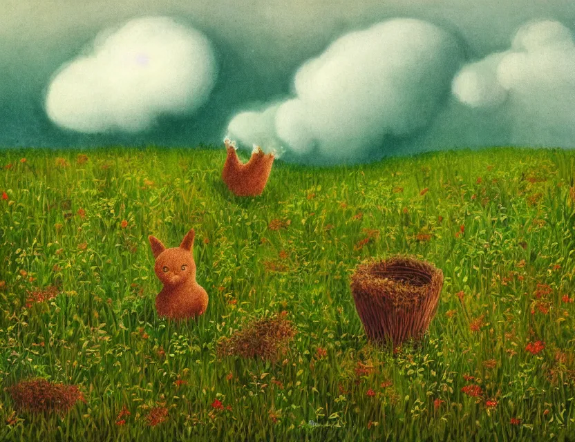 Prompt: wild, lush chia pet in the meadow, stormy skies. russian fairytale art, gouache, dynamic composition, backlighting