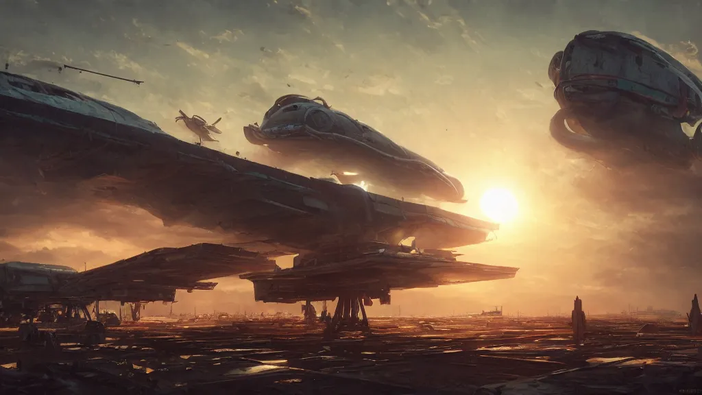 Image similar to a Photorealistic hyperrealistic render of a gigantic spaceship landing at a Junkyard by Greg Rutkowski,Vitaly Bugarov,Stephan Martiniere,Nicolas Bouvier SPARTH,James Paick, Juan Gimenez,PIXAR,dramatic moody sunset lighting,long shadows,Volumetric, cinematic atmosphere, Octane Render,Artstation,8k