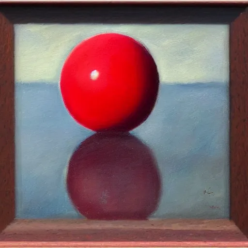 Prompt: a red ball on a wood surface, oil painting