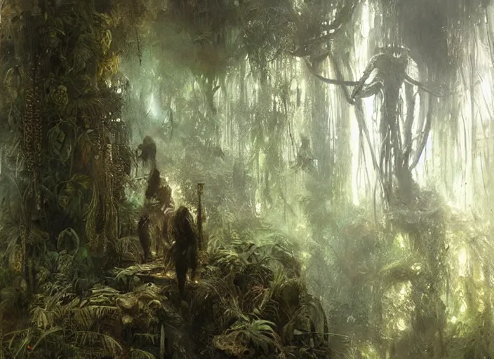 Image similar to interior shot of a lush jungle with two steam punk explorers navigating the harsh terrain, masterpiece, painterly, art by artem demura, emotion, fantasy art,