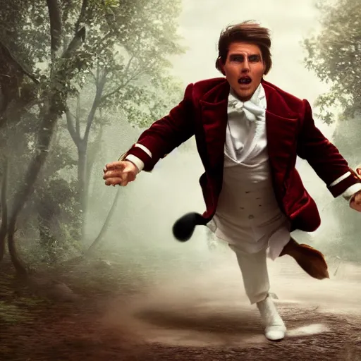 Prompt: tom cruise as Alice in Wonderland chasing the white rabbit, hyperrealistic, highly detailed, depth of field, High definition, 8k, octane render, artstation