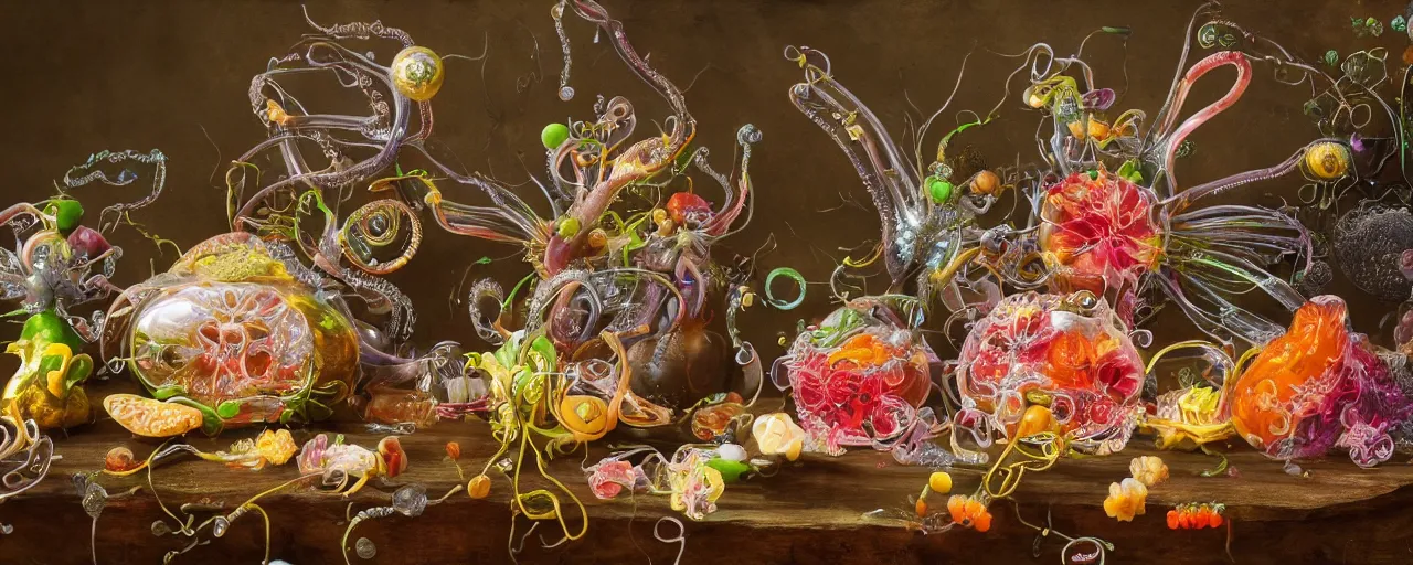 Image similar to ultradetailed photorealistic still life with jelly flowers by ernst haeckel, jan brueghel, james jean and salvador dalí, slime and tentacles, wide angle, minimalistic cinematic composition, octane render, bokeh, unreal engine, 4k, 3d render