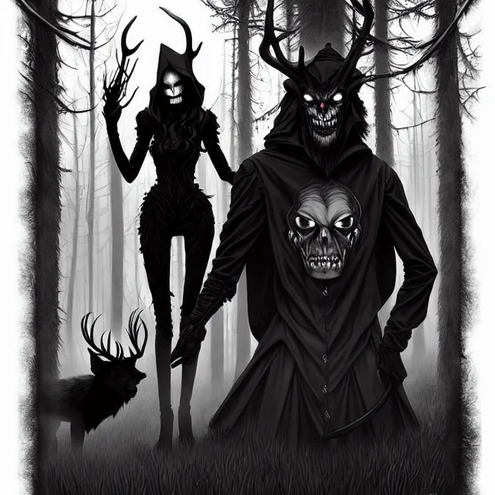 Image similar to style artgerm, joshua middleton, diego fazio, gerald brom, scary wendigo with antlers and skull face mixed with werewolf : : [ beautiful witch wearing a black dress on the right side ] : : in the forest, detailed, dark and foggy, cinematic lighting