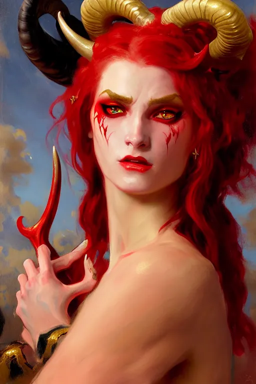 Image similar to painted close - up portrait of a attractive red - skinned intimidating demon girl with ram horns! oil painting, wearing a noblewoman's outfit, fantasy art by john singer sargent and gaston bussiere, and james jean and tyler edlin, demon noble character design, hd