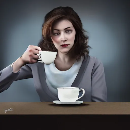 Prompt: stunning award winning hyperrealistic hdr 8 k highly detailed portrait photo of glados drinking tea