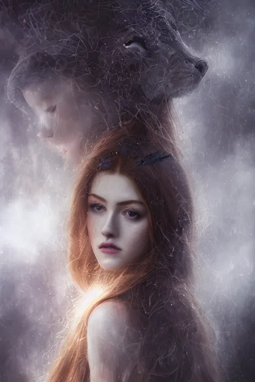 Image similar to majestic and regal portrait of katherine mcnamara, intricate, epic, elegant, menacing, fantasy, highly detailed, digital painting, hard focus, beautiful volumetric lighting, epic light, ultra detailed, horror, souls, ghosts, smoke by leesha hannigan, ross tran, thierry doizon, kai carpenter, ignacio fernandez rios