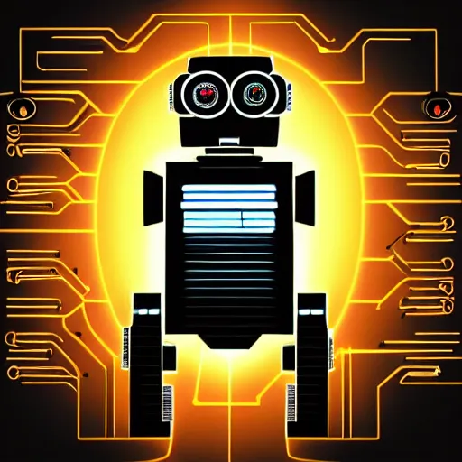 Image similar to artificial intelligence logo, in the middle is a portrait of the robot wall - e in the style of cyberpunk highly detailed colorful image, sharp focus, bright colors