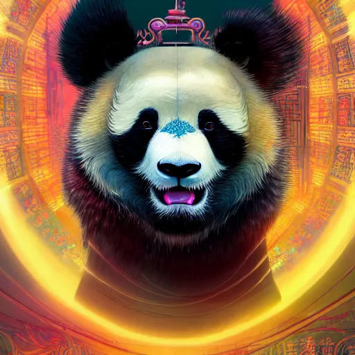 Image similar to a beautiful hyperdetailed character design 4 k wallpaper illustration of a cute panda with a chinese lion dance head victo ngai cyberpunk style, from china, style of studio ghibli, makoto shinkai, raphael lacoste, louis comfort tiffany, artgerm, james jean, ross tran, chinese style