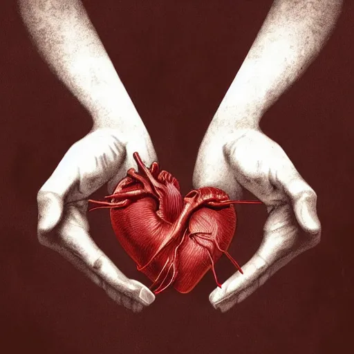 Image similar to an artwork of hands ripping a heart in two broken pieces, sadness, dark ambiance, an album cover by Godfrey Blow, featured on deviantart, lyco art, artwork, photoillustration, poster art