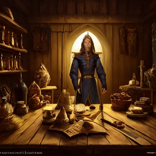 Image similar to the elder scrolls vi majestic gracious high elf merchant portrait, indoors rustic clothing shop, painted, dark room, one point of light coming through the window, atmospheric lighting, painted, intricate, volumetric lighting, beautiful, golden hour, sharp focus, ultra detailed, by mark kent, jordan lamarre - wan, igor kieryluk, maxim verehin, miranda meeks