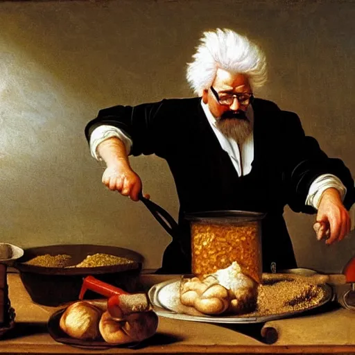 Prompt: Colonel Sanders shakes spices into a metal pot. Painted by Caravaggio, high detail