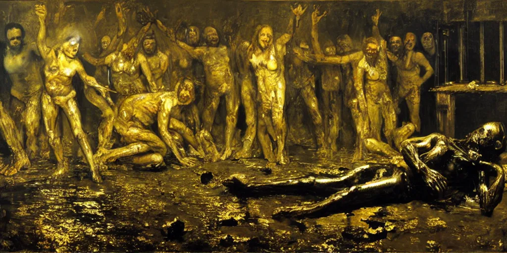 Image similar to realistic Courbet painting of a dark sci-fi laboratory at night, zombiewalking dressed in rags made of guts and veins dripping golden shiny metalic fluid from ribcage to the floor. liquid shiny pool of gold on the floor.