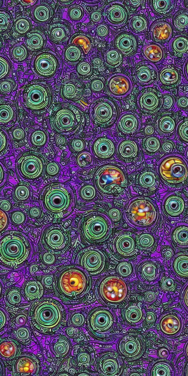 Image similar to a seamless pattern of Cybernetic Eyes with intricate reflections and circuits, colorful, fantasy, vivid colors, symmetrical, large motifs, concept art, sharp focus, digital art, Hyper-realistic, perfect symmetry, karim rashid, Marc Newson, 4K, Unreal Engine, Highly Detailed, HD, Dramatic Lighting by Brom, trending on Artstation, photorealistic, masterpiece, smooth gradients, no blur, sharp focus,insanely detailed and intricate, cinematic lighting, Octane render, epic scene, 8K