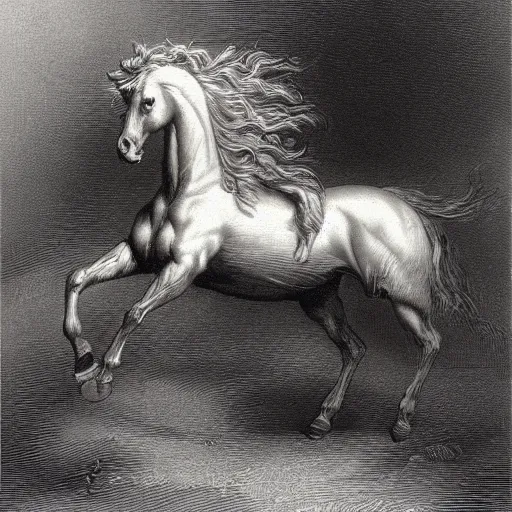 Prompt: a galloping horse, by gustave-dore