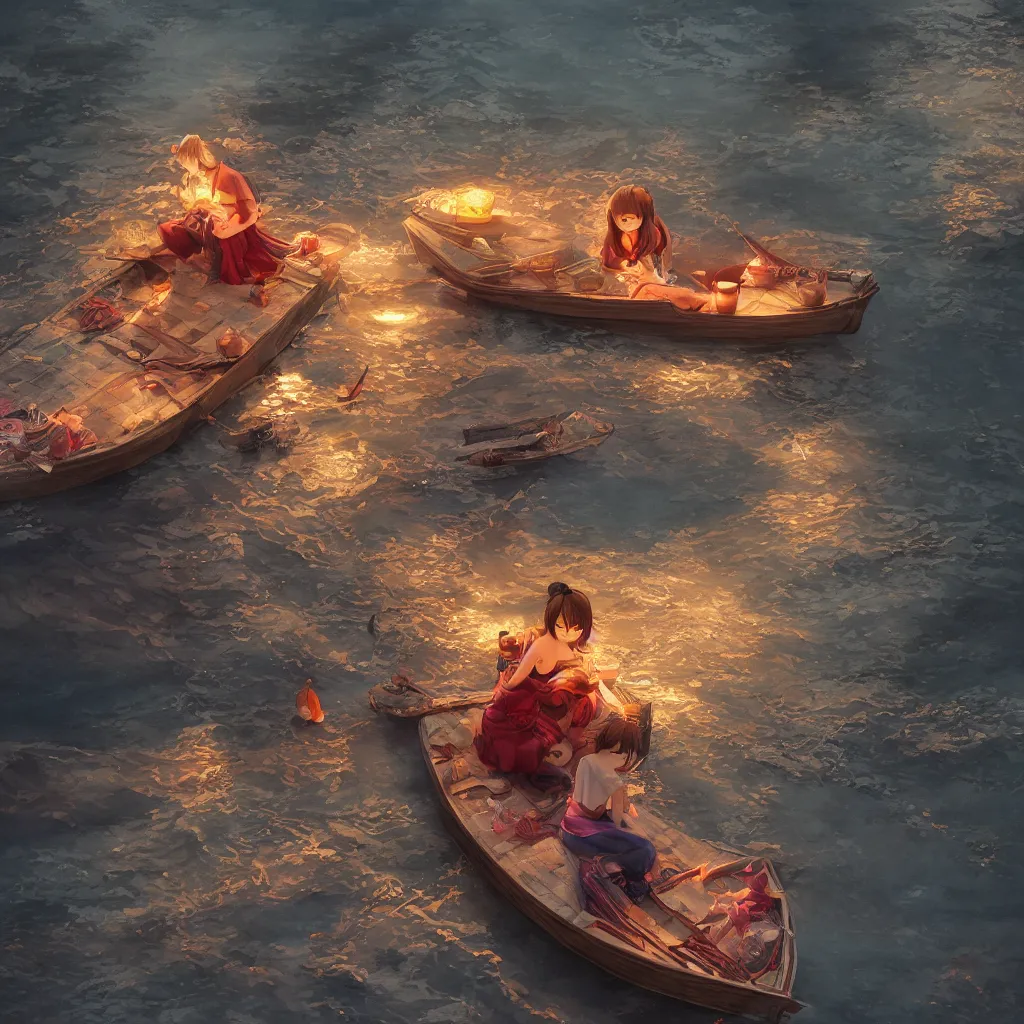 Prompt: grand river lantern festival photo, a beautiful girl is sitting on the boat, chinese watercolor style, trending on artstation, global illumination, radiant light, night lighting, fantasy art by makoto shinkai,, highly detailed and intricate environment, 8 k