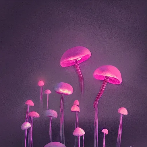 Image similar to luminescent pink and orange mycena fungi, emitting spores, midnight, fantasy art, mysterious, magical, hyperrealistic, detailed, soft lighting, fireflies