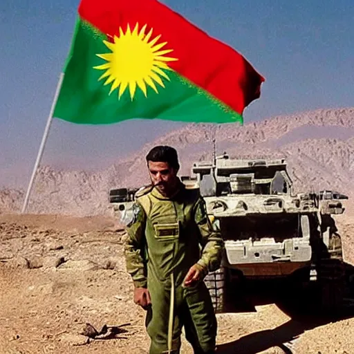 Image similar to kurdish astronaut holding a kurdistan flag in a movie directed by christopher nolan, movie still frame, promotional image, imax 7 0 mm footage