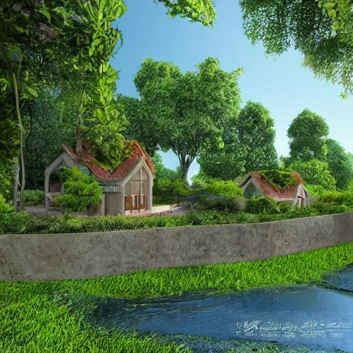 Image similar to elfish architecture, village, by the river, smooth, lots of vegetation and trees, very high detail, intrinsic, soft lighting