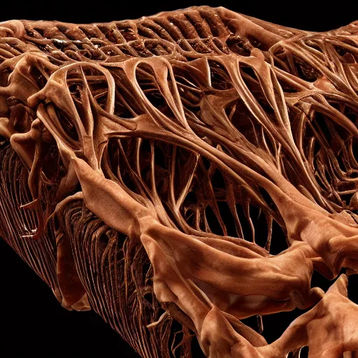 Image similar to A Bio Piano made of human skin, sinew, muscle tissue and bone, 8k octane render highly detailed in the style of H.R. Giger.