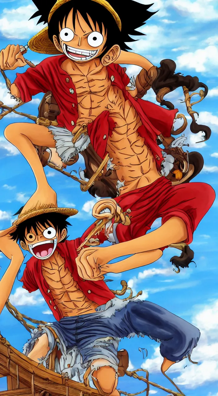 Image similar to monkey d luffy from the anime one piece on a pirate ship