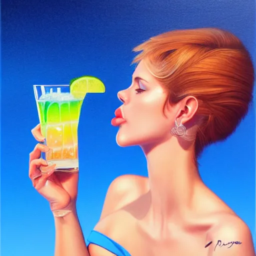 Image similar to a cute girl eating icecreen, long drinks by laura rigo, clouds, blue sky art by peter lloyd, 1 9 8 0's art, airbrush style, art by hajime sorayama,, intricate, elegant, sharp focus, illustration, highly detailed, concept art, matte, sharp focus, illustration, highly detailed, 6 4 0