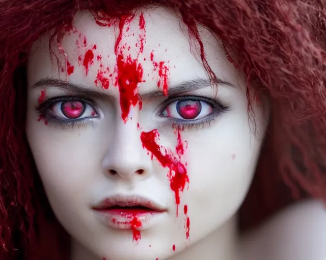 Image similar to award winning 5 5 mm close up face portrait photo of an anesthetic and beautiful redhead alita battle angel who looks directly at the camera with blood - red wavy hair, intricate eyes that look like gems, and long fangs, in a park by luis royo. rule of thirds.