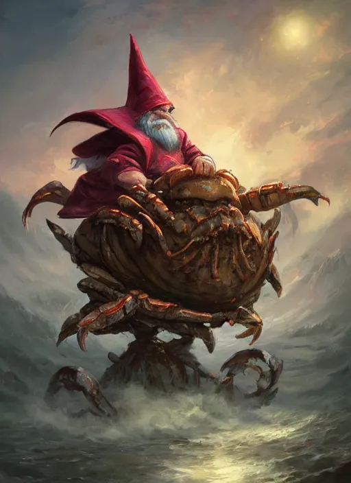 Prompt: a d & d gnome wizard sitting atop a giant crab painted by raymond swanland