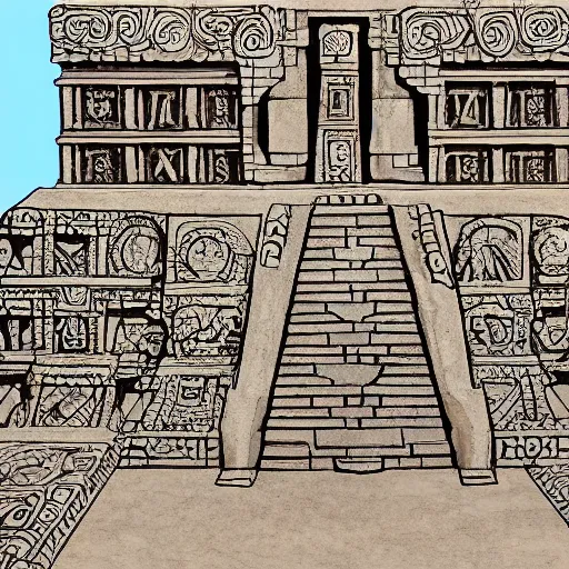 Prompt: mayan influenced architecural painting of a hidden city with a large statue in the middle of a courtyard, artstation, highly detailed,