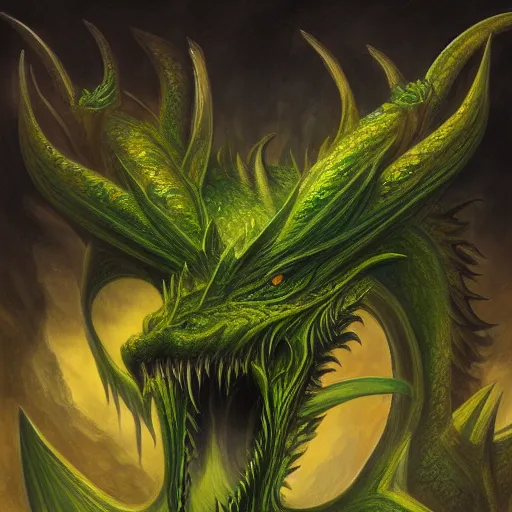 Image similar to a green and yellow dragon with large horns, a character portrait by Alex Horley-Orlandelli, deviantart, antipodeans, lovecraftian, concept art, grotesque