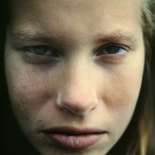 Image similar to a candid extreme closeup portrait of an expressive face of a really moved young woman by annie leibovitz