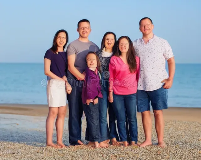 Prompt: family portrait of a happy family holding each other, facing the camera, standing in front of a beach, stock photo taken with canon eos - 1 d mark iii