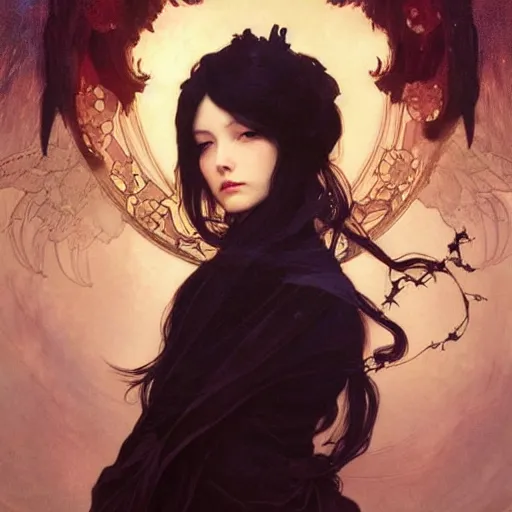 Prompt: A portrait of A beautiful!!!! angel in black flames by Ross Tran!! and alphonse mucha and greg rutkowski! and gustav doré!! and ruan jia!,In style of digital art illustration.Symmetry.Highly detailed face.Fantasy,smooth,hyper detailed,sharp focus,Soft light.trending on artstation.4k