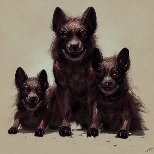 Image similar to cute, adorable, 3 - headed demon dog cerberus, painted by greg rutkowski, wlop