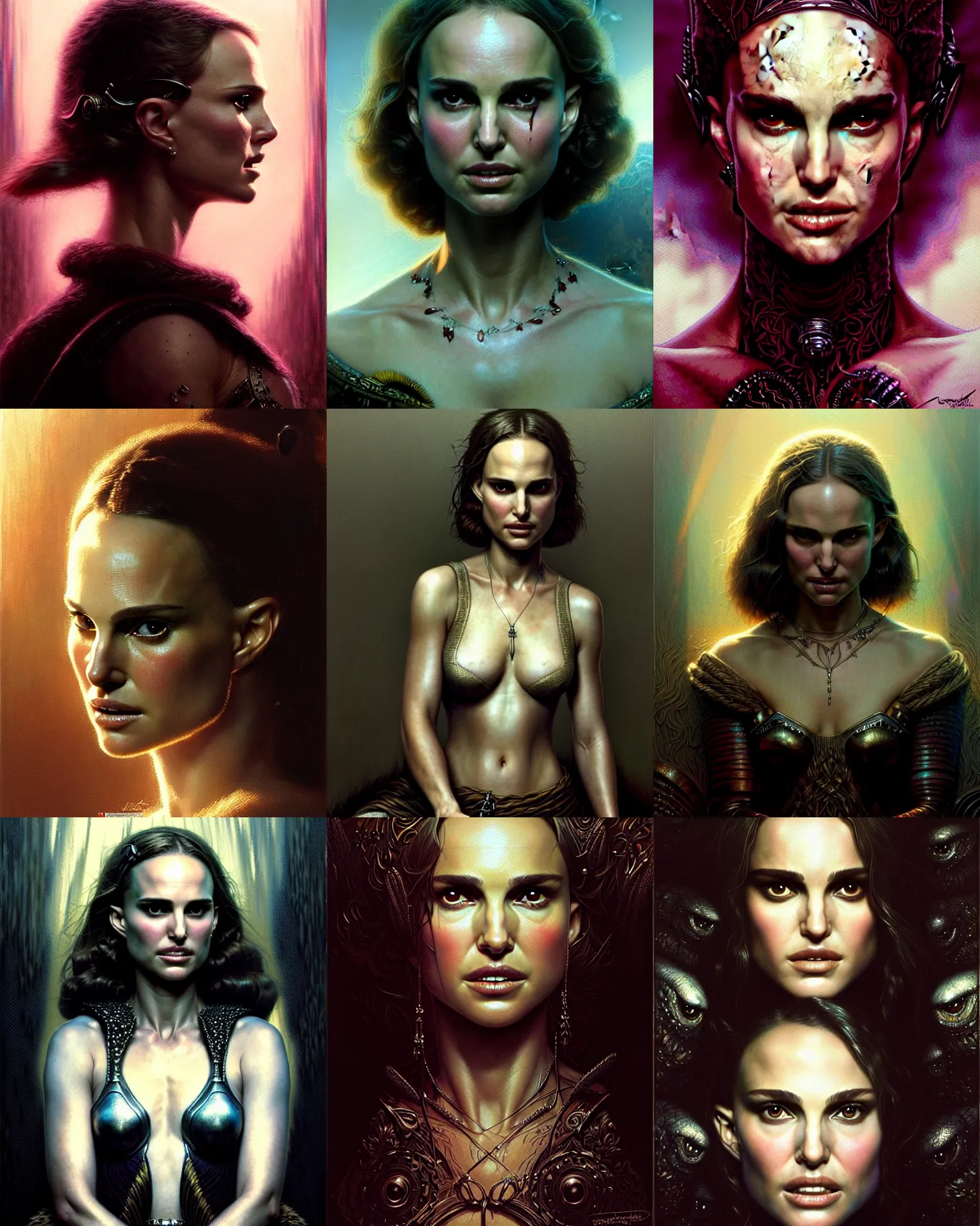 Image similar to a portrait of natalie portman fantasy character portrait, ultra realistic, cinematic, concept art, wide angle, intricate details, hologram, highly detailed by greg rutkowski, aaron horkey, gaston bussiere, craig mullins, simon bisley, arthur rackham