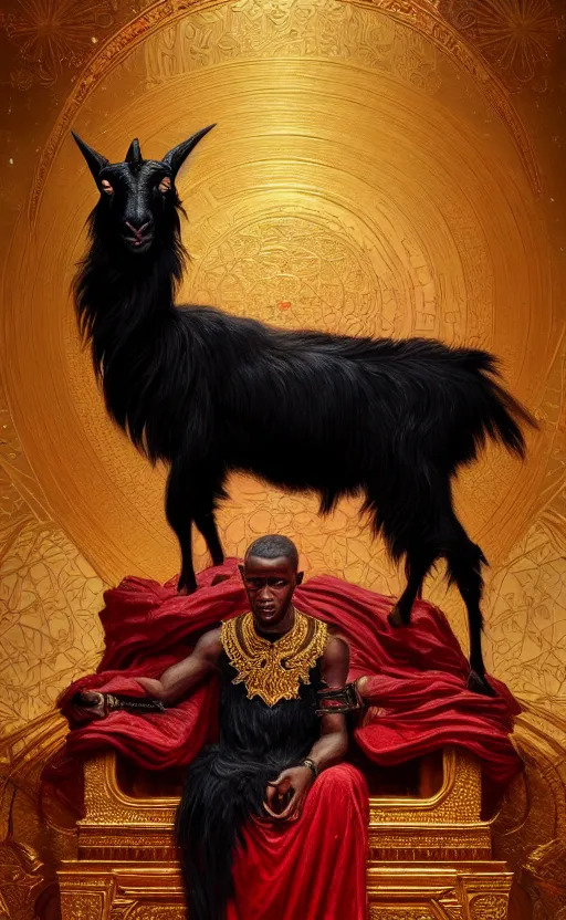 Image similar to a detailed portrait of a black goat on a golden throne, in a red river, concept art, deep focus, intricate, highly detailed, digital painting, artstation, matte, sharp focus, illustration, art by greg rutkowski and alphonse mucha