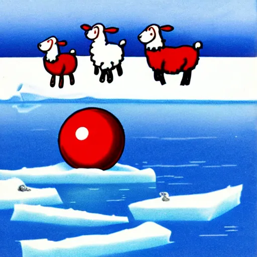 Prompt: cartoon drawing of a seal tossing a red ball with a sheep in antarctica. the seal's head is sticking out above the water and the sheep is standing near the edge of ice