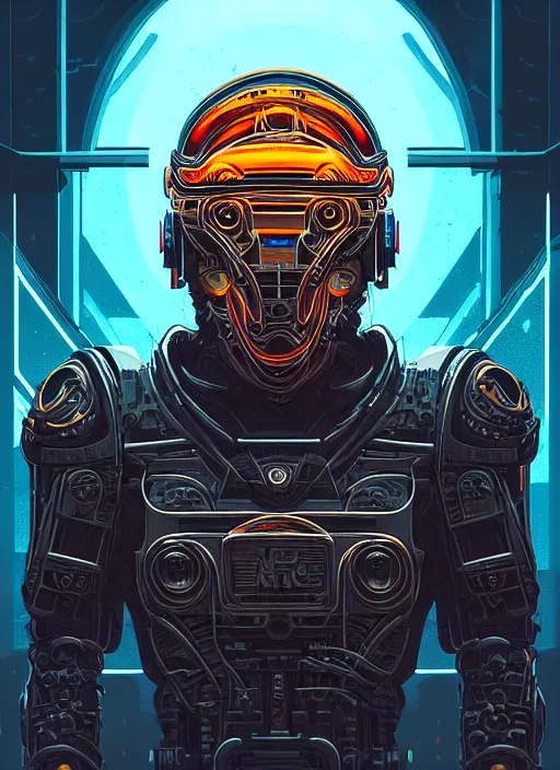 Prompt: a lion cyborg helmet by dan mumford, cyberpunk city abandoned, center frame singular high fantasy character concept art symmetrical features, digital painting, sharp focus, illustration