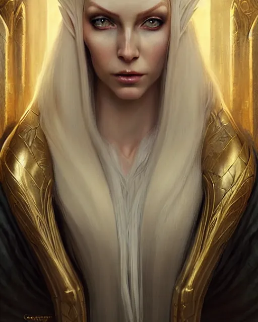 Image similar to tall slender elven queen sitting on the throne, full body, long white hair, pale skin, golden coloured eyes | | realistic shaded, fine details, fine - face, realistic shaded lighting poster by greg rutkowski, magali villeneuve, artgerm, jeremy lipkin, michael garmash, rob rey