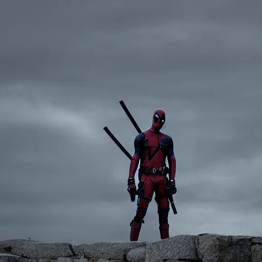 Prompt: deadpool in the lighthouse ( 2 0 1 9 ), movie, photography, creepy,