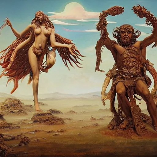 Prompt: A very detailed aesthetic figure painting titled 'The ancestor Gods' description 'Hera and Zeus posing back to back' by Takashi Murakami and Wayne Barlowe, the desolate plains of greece in the background, Trending on cgsociety artstation, 8k, masterpiece, highly detailed.