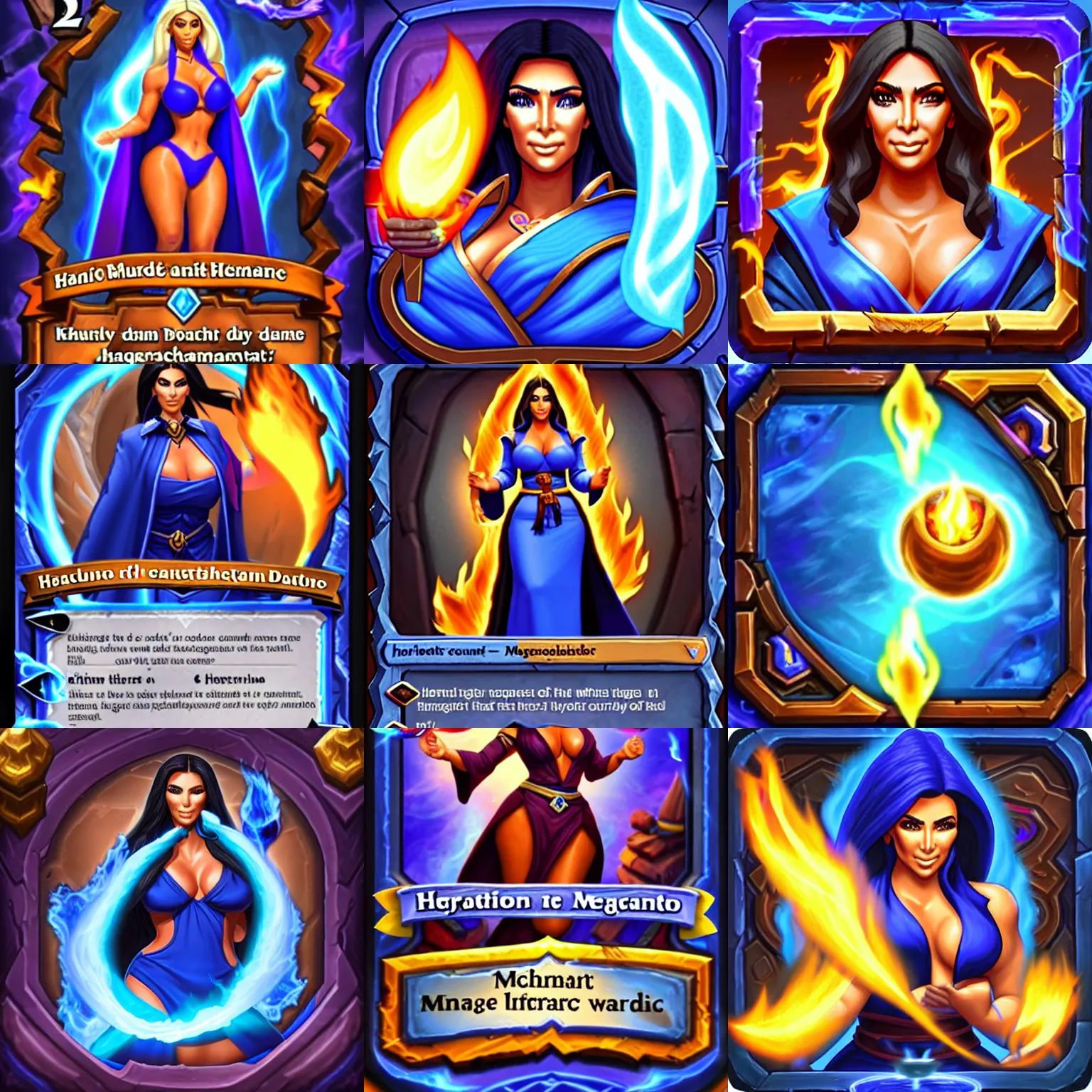 Prompt: Who : a mage with a blue robe casting a fire ball; Physical : Kim Kardashian exact same body, but different face and hair ; IMPORTANT : Hearthstone official splash art, award winning, trending in category \'hyperdetailed\'