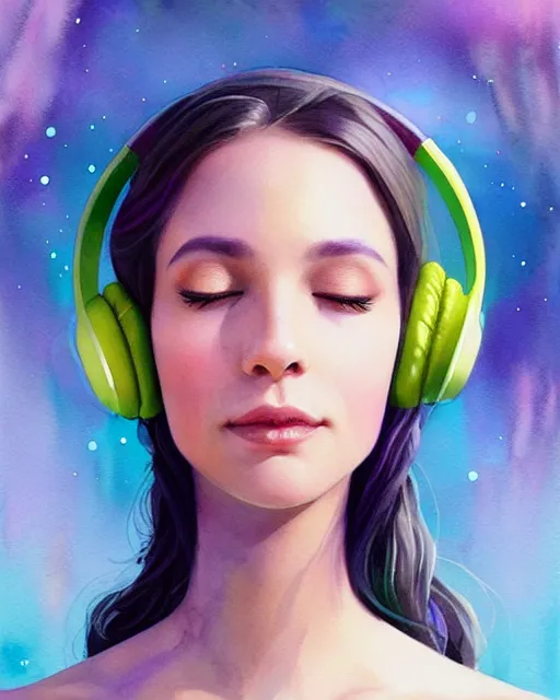 Prompt: faerie with headphones and a spliff. smug smile and closed eyes. noble bearing. award winning ornate symmetry matte portrait, artgerm, rhads watercolor, determination