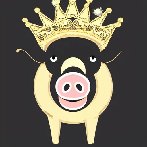 Prompt: pig in a gold crown on a black background, intricate illustration