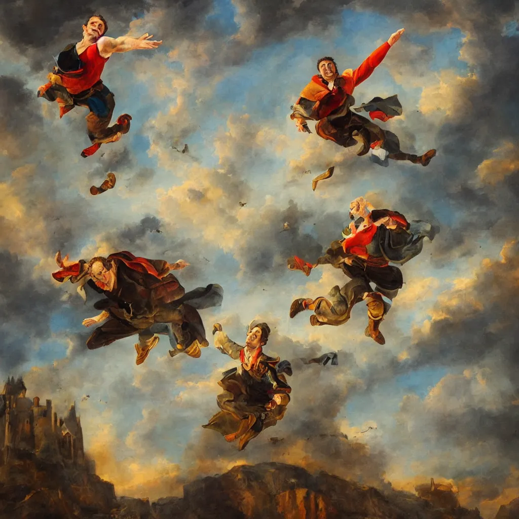 Image similar to full body oil painting of man jumping from a castle in the air