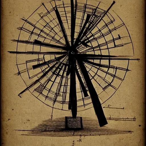 Image similar to old pencil sketch by leonardo davinci blueprint! of a windmill, very detailed technical sketch, annotation, quotes, written dimensions, monochromatic, sepia tones, old paper